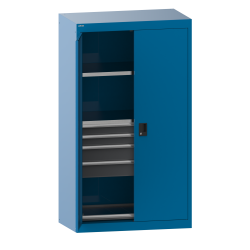 LISTA - Armoire à charges lourdes avec portes battantes en tôle pleine 54x27E (LxPxH) 1100x641x1950mm 2 rayons, 4 tiroirs, 1 rayon extensible KEY Lock Bleu clair RAL 5012