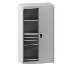 Armoire à charges lourdes avec portes battantes en tôle pleine Lista H 195 x L 110 x P 64,1 cm 2 étagères amovibles, 4 tiroirs et 1 étagère extensible Key Lock