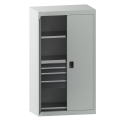 LISTA - Armoire à charges lourdes avec portes battantes en tôle pleine 54x27E (LxPxH) 1100x641x1950mm 2 rayons, 4 tiroirs, 1 rayon extensible KEY Lock Gris clair RAL 7035