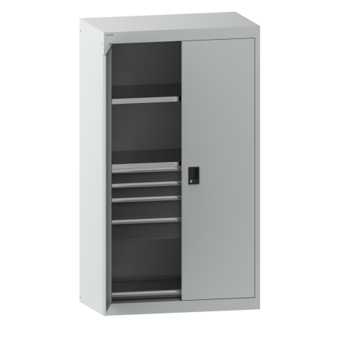 LISTA - Armoire à charges lourdes avec portes battantes en tôle pleine 54x27E (LxPxH) 1100x641x1950mm 2 rayons, 4 tiroirs, 1 rayon extensible KEY Lock Gris clair RAL 7035