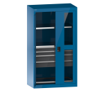 Armoire à charges lourdes avec portes battantes à fenêtre transparente Lista H 195 x L 110 X 64,1 cm 2 étagères amovibles, 4 tiroirs et 1 étagère extensible Key Lock