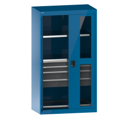 Armoire à charges lourdes avec portes battantes à fenêtre transparente Lista H 195 x L 110 X 64,1 cm 2 étagères amovibles, 4 tiroirs et 1 étagère extensible Key Lock