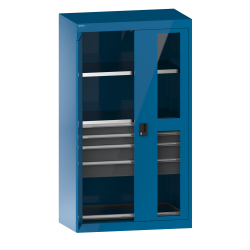 LISTA - Armoire à charges lourdes avec portes battantes à fenêtre transparente 54x27E (LxPxH) 1100x641x1950mm 2 rayons, 4 tiroirs, 1 rayon extensible KEY Lock Bleu clair RAL 5012