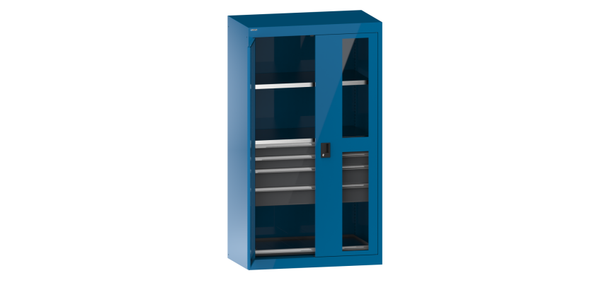 Armoire à charges lourdes avec portes battantes à fenêtre transparente Lista H 195 x L 110 X 64,1 cm 2 étagères amovibles, 4 tiroirs et 1 étagère extensible Key Lock