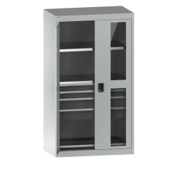 Armoire à charges lourdes avec portes battantes à fenêtre transparente Lista H 195 x L 110 X 64,1 cm 2 étagères amovibles, 4 tiroirs et 1 étagère extensible Key Lock