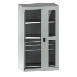 LISTA - Armoire à charges lourdes avec portes battantes à fenêtre transparente 54x27E (LxPxH) 1100x641x1950mm 2 rayons, 4 tiroirs, 1 rayon extensible KEY Lock Gris clair RAL 7035