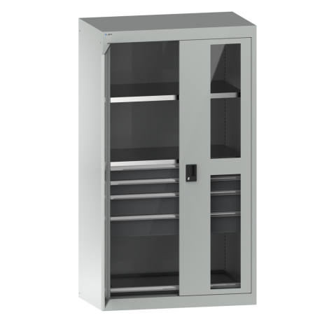 LISTA - Armoire à charges lourdes avec portes battantes à fenêtre transparente 54x27E (LxPxH) 1100x641x1950mm 2 rayons, 4 tiroirs, 1 rayon extensible KEY Lock Gris clair RAL 7035
