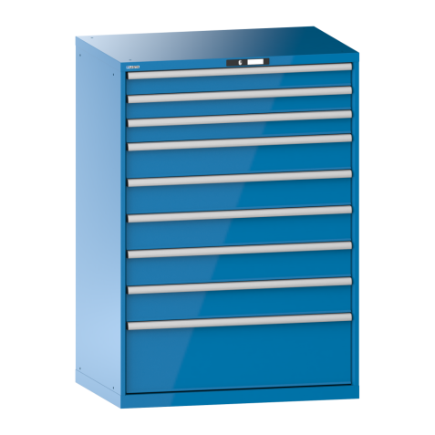 LISTA - Armoire à tiroirs 54x36E (LxPxH) 1023x725x1450mm 9 tiroirs (3x100/5x150/1x300) 200kg KEY Lock Bleu clair RAL 5012