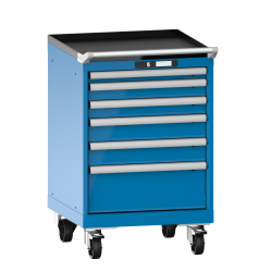 LISTA - Armoire à tiroirs mobile 27x27E (LxPxH) 564x572x890mm 6 tiroirs (1x50/2x75/2x100/1x200) 75kg roues en nylon  Ø100mm KEY Lock Bleu clair RAL 5012
