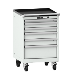 LISTA - Armoire à tiroirs mobile 27x27E (LxPxH) 564x572x890mm 6 tiroirs (1x50/2x75/2x100/1x200) 75kg roues en nylon  Ø100mm KEY Lock Gris clair RAL 7035