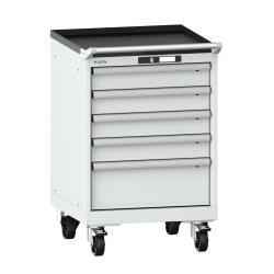 LISTA - Armoire à tiroirs mobile 27x27E (LxPxH) 564x572x890mm 5 tiroirs (4x100/1x200) 75kg roues en nylon  Ø100mm KEY Lock Gris clair RAL 7035