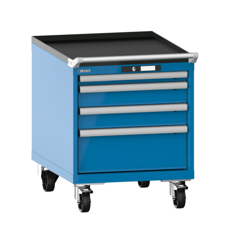 LISTA - Armoire à tiroirs mobile 27x36E (LxPxH) 564x725x723mm 4 tiroirs (1x50/2x100/1x200) 75kg roues en nylon  Ø100mm KEY Lock Bleu clair RAL 5012