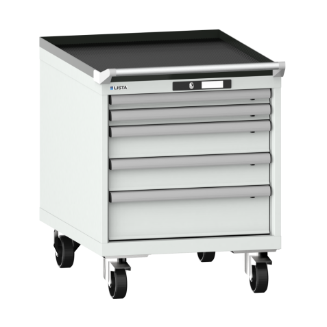 LISTA - Armoire à tiroirs mobile 27x36E (LxPxH) 564x725x723mm 5 tiroirs (2x50/2x100/1x150) 75kg roues en nylon  Ø100mm KEY Lock Gris clair RAL 7035