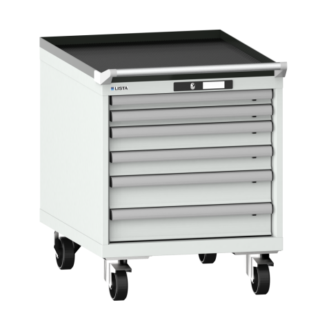 LISTA - Armoire à tiroirs mobile 27x36E (LxPxH) 564x725x723mm 6 tiroirs (2x50/2x75/2x100) 75kg roues en nylon  Ø100mm KEY Lock Gris clair RAL 7035