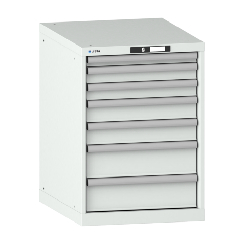 LISTA - Armoire à tiroirs 27x36E (LxPxH) 564x725x800mm 7 tiroirs (1x50/2x75/2x100/2x150) 75kg KEY Lock Gris clair RAL 7035