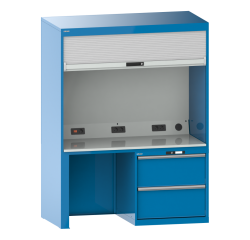 Quality Station Lista H 190 x L 143,4 x P 72,5 cm, 2 tiroirs, rideau gris, fermeture à clé