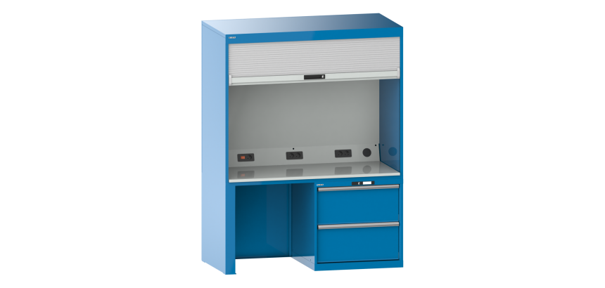 Quality Station Lista H 190 x L 143,4 x P 72,5 cm, 2 tiroirs, rideau gris, fermeture à clé