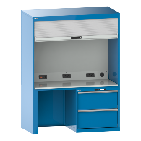 Quality Station Lista H 190 x L 143,4 x P 72,5 cm, 2 tiroirs, rideau gris, fermeture à clé
