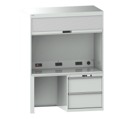 Quality Station Lista H 190 x L 143,4 x P 72,5 cm, 2 tiroirs, rideau gris, fermeture à clé