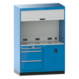 Quality Station Lista H 210 x L 143,4 x P 72,5  cm, 3 tiroirs, 2 portes, rideau gris, fermeture à clé