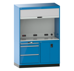 Quality Station Lista H 210 x L 143,4 x P 72,5  cm, 3 tiroirs, 2 portes, rideau gris, fermeture à clé