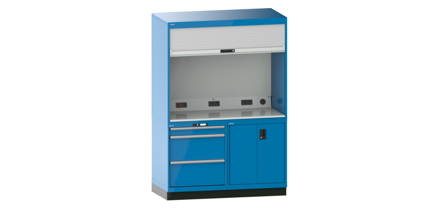 Quality Station Lista H 210 x L 143,4 x P 72,5  cm, 3 tiroirs, 2 portes, rideau gris, fermeture à clé