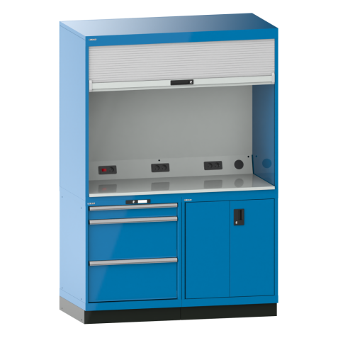 Quality Station Lista H 210 x L 143,4 x P 72,5  cm, 3 tiroirs, 2 portes, rideau gris, fermeture à clé