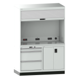 Quality Station Lista H 210 x L 143,4 x P 72,5  cm, 3 tiroirs, 2 portes, rideau gris, fermeture à clé