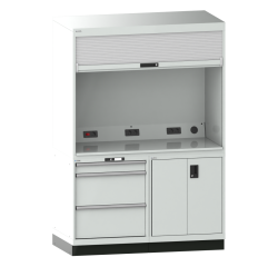 Quality Station Lista H 210 x L 143,4 x P 72,5  cm, 3 tiroirs, 2 portes, rideau gris, fermeture à clé