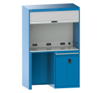 Quality Station Lista H 220 x L 143,4 x P 72,5 cm, 1 tiroir pour clavier, 2 portes, rideau gris, fermeture à clé