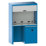 Quality Station Lista H 220 x L 143,4 x P 72,5 cm, 1 tiroir pour clavier, 2 portes, rideau gris, fermeture à clé