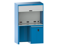 Quality Station Lista H 220 x L 143,4 x P 72,5 cm, 1 tiroir pour clavier, 2 portes, rideau gris, fermeture à clé