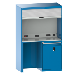 Quality Station Lista H 220 x L 143,4 x P 72,5 cm, 1 tiroir pour clavier, 2 portes, rideau gris, fermeture à clé