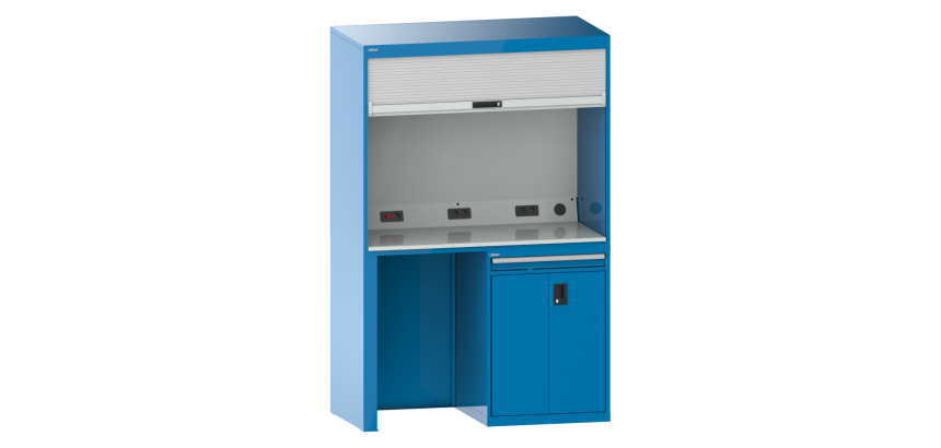 Quality Station Lista H 220 x L 143,4 x P 72,5 cm, 1 tiroir pour clavier, 2 portes, rideau gris, fermeture à clé