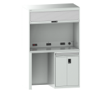Quality Station Lista H 220 x L 143,4 x P 72,5 cm, 1 tiroir pour clavier, 2 portes, rideau gris, fermeture à clé
