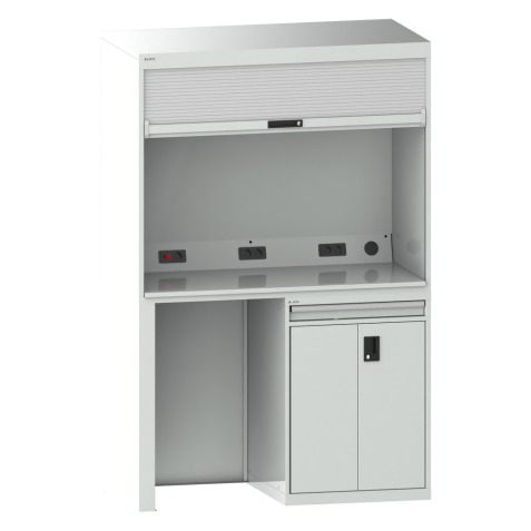 Quality Station Lista H 220 x L 143,4 x P 72,5 cm, 1 tiroir pour clavier, 2 portes, rideau gris, fermeture à clé