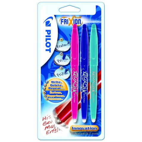 Pilot roller Frixion Ball blister de 3 pièces: rose, turquoise et violet