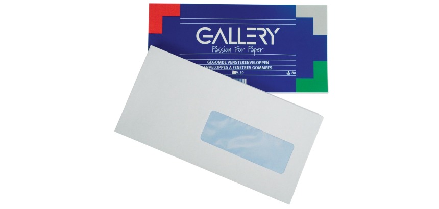 Gallery enveloppen ft 114 x 229 mm, met venster rechts, gegomd, pak van 50 stuks