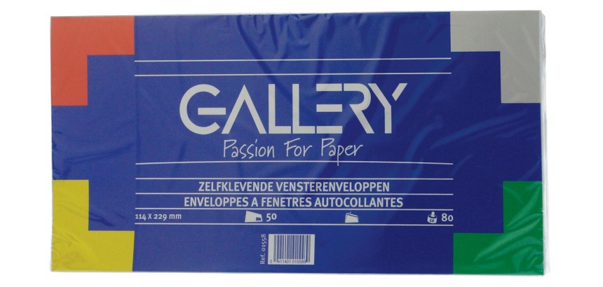 Gallery enveloppen ft 114 x 229 mm, met venster rechts, stripsluiting, pak van 50 stuks