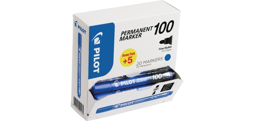 Pilot marqueur permanent 100, boîte de 15 + 5 pièces, bleu