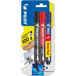 Pilot permanent marker 100, blister met 3 stuks (2 + 1 GRATIS) in geassorteerde kleuren