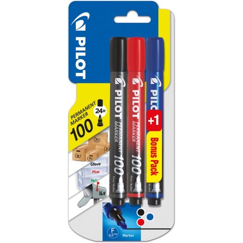 Pilot permanent marker 100, blister met 3 stuks (2 + 1 GRATIS) in geassorteerde kleuren