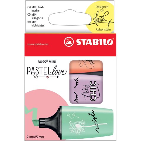 STABILO BOSS MINI Pastellove markeerstift, doosje van 3 stuks in geassorteerde pastelkleuren