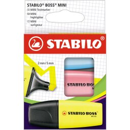 STABILO BOSS MINI markeerstift, etui van 3 stuks in geel, roze en blauw