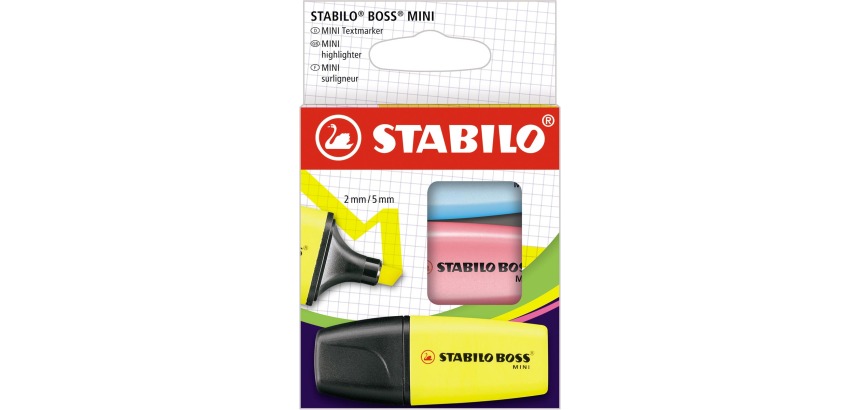 STABILO BOSS MINI Textmarker, Etui mit 3 Stück in Gelb, Pink und Blau