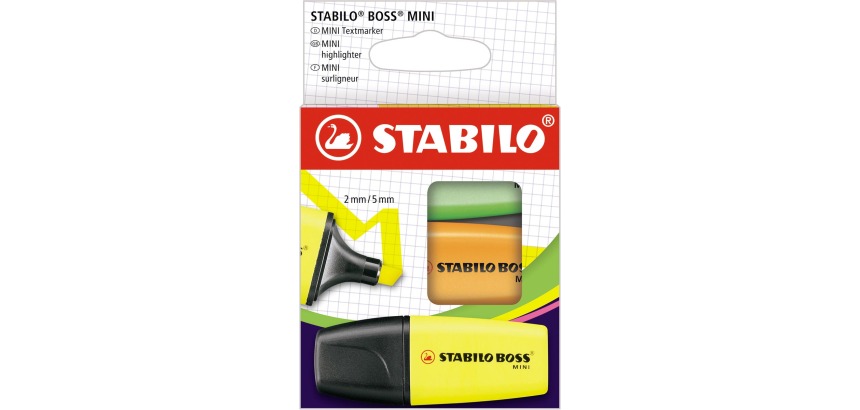 STABILO BOSS MINI markeerstift, etui van 3 stuks in geel, oranje en groen
