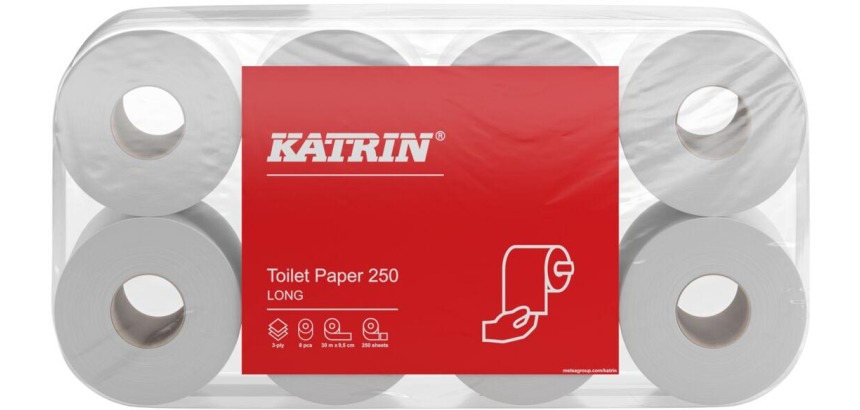 Katrin toilet paper, 3-ply, 250 sheets per roll, pack of 8 rolls