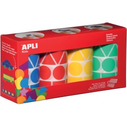 Apli Kids stickers XL, doos met 4 rollen in 4 kleuren en 4 vormen (blauw, rood, geel en groen)