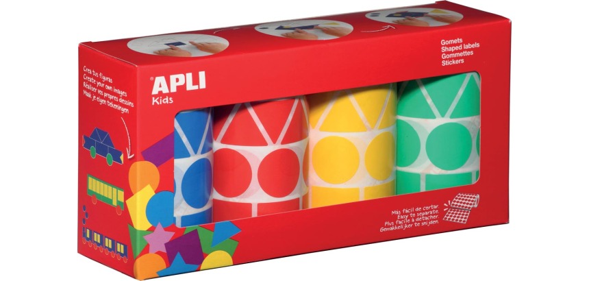 Lot de 4 rouleaux de gommettes motifs et couleur assortis : carré, triangle, rectangle, rond