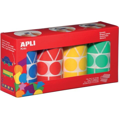 Apli Kids stickers XL, doos met 4 rollen in 4 kleuren en 4 vormen (blauw, rood, geel en groen)